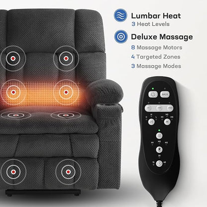 Tami Tami Dual Motor Power Lift Chair Recliner for Elderly with Massage and Heat, Infinite Position Electric Lift Recliner with Adjustable Headrest, USB (T6015 - Plush Fabric, Dark Gray, Oversized)