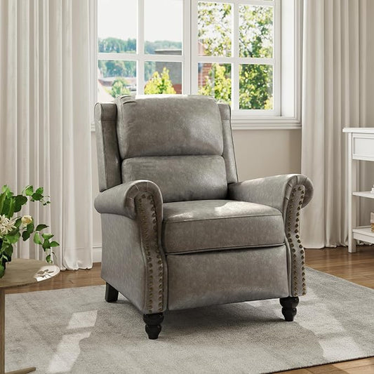 Faux Leather Recliner Chair, Modern Pushback Armchair with Adjustable Backrest & Footrest for Bedroom, Living Room-Grey, 1 SEAT