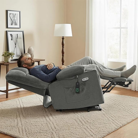 MCombo Large Dual Motor Power Lift Recliner Chair for Elderly, Massage and Heat, Lay Flat, Zero Gravity, Home Button, USB Port, Fabric 7680 (Large, Grey)