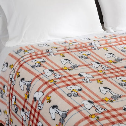 Berkshire Blanket Peanuts® VelvetLoft® Cute Character Snoopy Plush Blanket,Snoopy and Woodstock Wood Holiday Plaid Medium Tan,King 90 in x 108 in (Official Peanuts® Product)