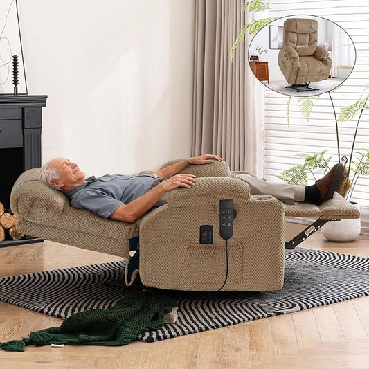 ABCASA Oversized Dual Motor Lay Flat Power Lift Recliner Chair with Massage, Heating, Lumbar Pillow, USB & Type-C Ports, Textile Lift Chairs Recliners, Large Recliner for Big & Elderly People - Beige