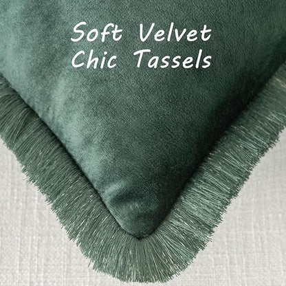 FUTEI Christmas Army Green Velvet Decorative Throw Pillow Covers 24x24 Set of 2,Soft Cozy Edge with Tassels European Cushion Case,Boho Modern Home Decor for Couch Bed Living Room