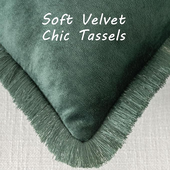 FUTEI Christmas Army Green Velvet Decorative Throw Pillow Covers 16x16 Set of 2,Soft Cozy Edge with Tassels Cushion Case,Boho Modern Home Decor for Couch Bed Living Room