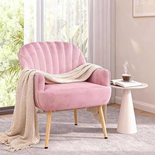 Velvet Accent Chair, Upholstered Modern Leisure Single Sofa Side Chair, Comfy Tufted Back Armchair with Metal Legs for Living Room/Bedroom/Office/Reading Room, Pink