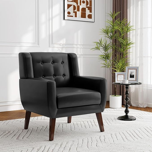 Accent Chair, Modern Faux Leather Armchair for Living Room, Comfy Upholstered Arm Chair Tufted for Indoor Bedroom Office Room (P Black)
