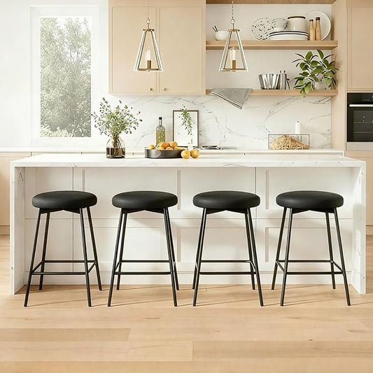 Swivel Bar Stools Set of 4, 24" Counter Height Bar Stool, Backless Barstools with Faux Leather Upholstered Seat&Sturdy Wood Legs for Kitchen Island, Black