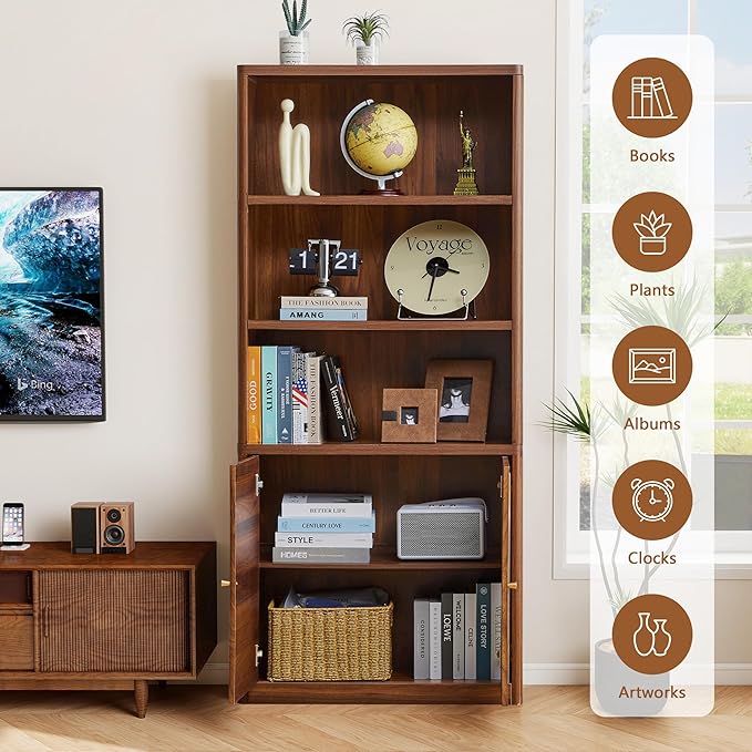 70.8" Tall Fluted Bookshelf with Storage Cabinet Set of 2, Modern 5-Tier Wood Bookcase with Open Display Storage Shelf, Gold Handles for Office Living Room (Walnut)