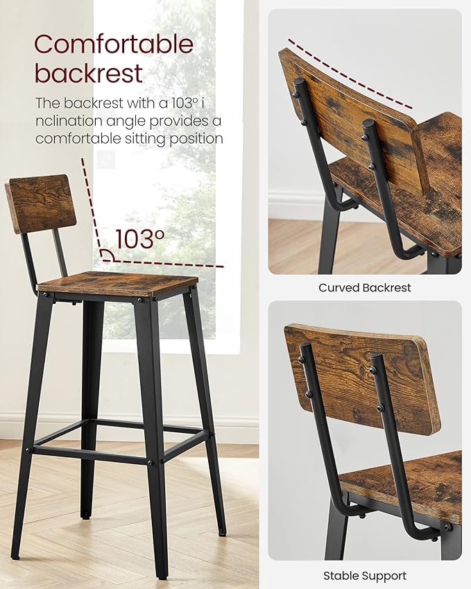 VASAGLE Set of 2 Bar Stools, Bar Height Stools, 29.1 Inches Tall Barstools with Back, Counter Bar Chairs for Kitchen Island, Steel Frame, Industrial Style, Easy Assembly, Rustic Brown and Ink Black