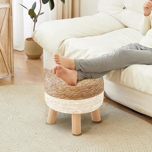 Round Ottoman, Natural Seagrass Footstool with 4 Wood Legs, Multifunctional Modern Dressing Stool and Sofa Side Table for Bedroom (White)