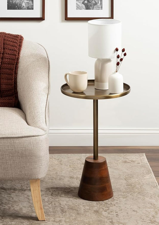 Kate and Laurel Tira Elegant Round Side Table, 14 x 24, Brass and Walnut Brown, Mid-Century Circle End Table for Use as Bedroom Nightstand or Living Room Table Option