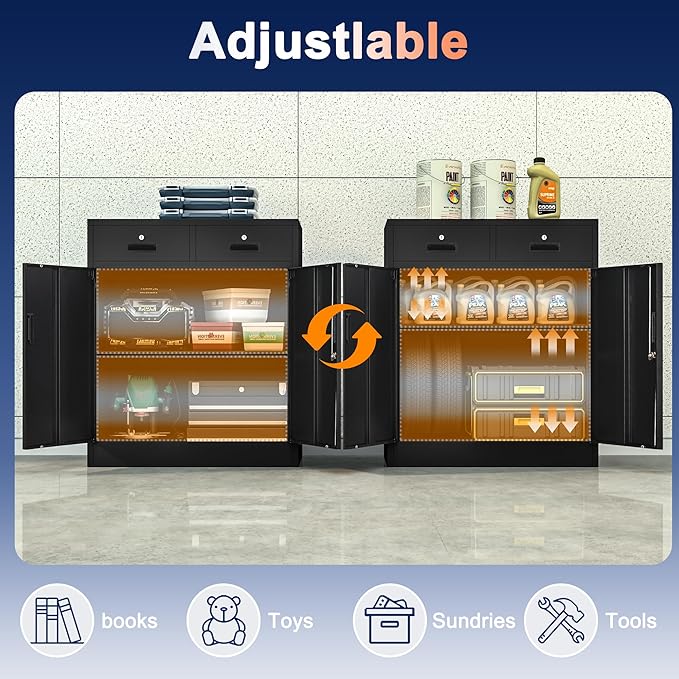 Metal Storage Cabinet with 2 Drawers and Shelves,36"H Locking Kitchen Storage Cabinets,Adjustable Shelf File Cabinet with Doors for Home Office, Garage,Laundry Room,Basement,Utility Room-Black