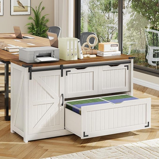 47.8” Farmhouse Lateral File Cabinet with Sliding Barn Door, 3 Drawers Filing Storage Cabinets with Adjustable Shelf, Office Printer Stand for Hanging Files Letter/Legal/F4/A4.