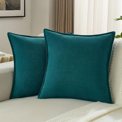 FUTEI Teal Chenille Throw Pillow Covers 16x16 Inch Set of 2,Edges Double-Stitched Cushion Cases,Modern Home Decor for Couch Living Room