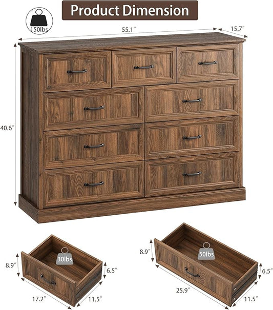 CARPETNAL Farmhouse 9 Drawer Dresser for Bedroom, 55 Inch Wide Modern Brown Dresser TV Stand with Large Drawers & Bar Handles, Rustic Wood Chest of Drawers for Bedroom, Living Room, Hallway, Entryway.