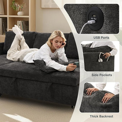 FLEXISPOT XB5 78" Pull Out Couch Bed with Storage Chaise, 2-in-1 Convertible Sofa Bed with USB Charging Ports, 3-Seater Sectional Sofa Couch for Living Room Apartment, Easy to Assemble(Dark Gray)