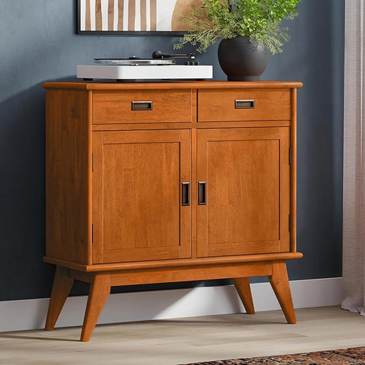 SIMPLIHOME Draper Solid Hardwood 36 inch Wide Mid Century Modern Entryway Storage Cabinet in Teak Brown for The Living Room, Entryway and Family Room