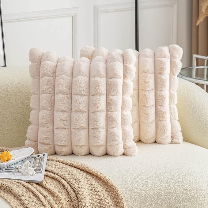 Neelvin Beige Faux Fur Cozy Soft Plaid Decorative Throw Pillow Covers 20x20 inch Set of 2,Velvet Pillowcase Cushion Case for Sofa Couch