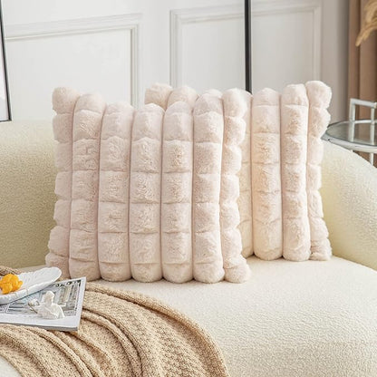 Neelvin Beige Faux Fur Cozy Soft Plaid Decorative Throw Pillow Covers 24x24 inch Set of 2,Velvet Pillowcase Cushion Case for Sofa Couch