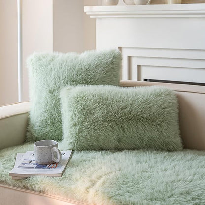 Neelvin Green Faux Fur Cozy Fluffy Double-Sided Decorative Throw Pillow Covers 24x24 inch Set of 2,Velvet Pillowcase Cushion Case for Sofa Couch