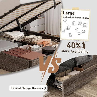 Lift Up Storage Bed Frame, Full Size Wooden Platform Bed with Large Storage Underneath, No Box Spring Needed, Noise Free, Rustic Grey