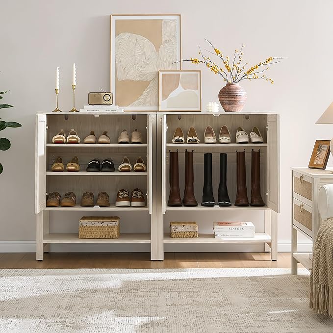 SICOTAS Rattan Shoe Cabinet with Storage - 5 Tier Farmhouse Boho Shoe Organizer Storage Cabinet with Shelves & Doors, Tall Shoe Rack Cabinet for Entryway, Living Room, Closet (White Cream Oak)