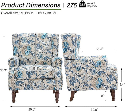 Accent Chair, Upholstered High Back Floral Armchair with Nailhead Trim & Wood Legs, Comfy Wingback Reading Single Sofa Chair for Small Spaces, Living Room, Bedroom-Boho Blue Floral, Set of 1