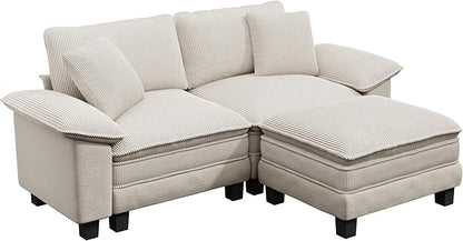 PHI VILLA Cloud Modular Couches Sets, 87.5" Sectional Loveseat Sofa with 1 Movable Ottoman, 3-Seater Comfy Couches for Living Room Apartment, Chenille & Corduroy Dual Fabric, Beige