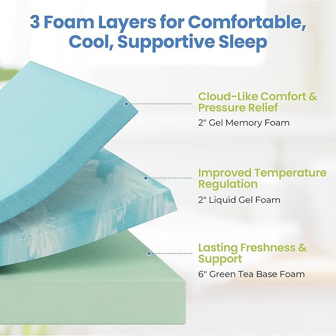 Yaheetech 10 Inch Full Size Mattress 3 Foam Layer Cooling Gel Memory Foam Mattresses, Green Tea for Fresher Sleep, Medium Firm, CertiPUR-US Certified, No Fiberglass, Full Mattress in a Box