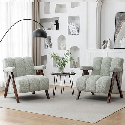 Mid Century Modern Accent Chairs Set of 2 with Solid Wood Frame, Boucle Upholstered Living Room Chairs with Thick Cushion, Comfy Tufted Arm Chair for Bedroom, Sage
