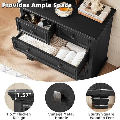 Farmhouse Bedroom Dresser and Nightstand Set of 4, 6 Drawer Low & 5 Drawers Dresser & 2 Drawer Nightstand Set, Rustic Wood Bedroom Furniture Set for Livingroom, Hallway, Black