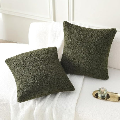 FUTEI Olive Green Throw Pillow Covers 16x16 Inch Set of 2,Furry Faux Fur Teddy Boucle Textured Cushion Covers,Soft Fluffy Decorative Pillow Case,Home Decor for Couch Bed Living Room Office Car