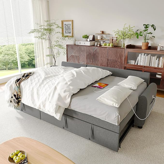 Ucloveria Sleeper Sofa Bed, 86" Convertible Sectional Sofa Couches for Living Room, Pull Out Couch Bed with Reversible Storage Chaise | USB Ports | Side Pockets | Removable Backrest