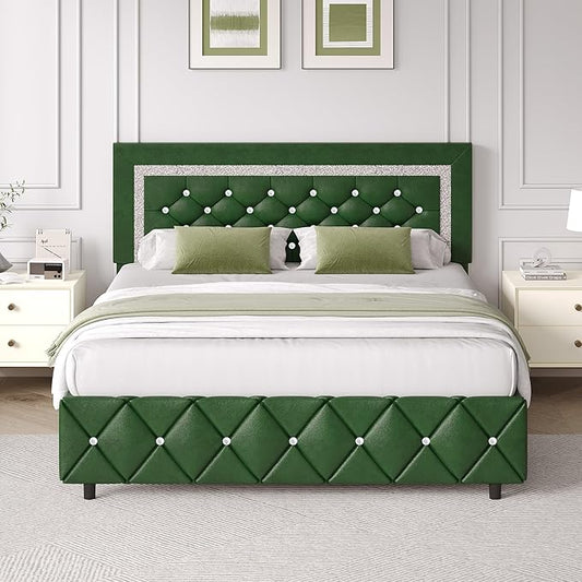 BarnFurin Full Size Bed Frame with Headboard, Faux Leather Upholstered Bed with Diamond Tufted Design, Mordern Bed Frame with Wooden Slats Suppor, No Box Spring Required, Easy Assembly, Green