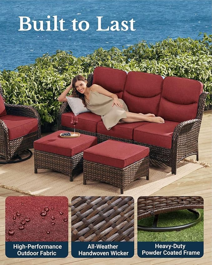 HILLGA Luxury Patio Furniture Set with 6-Inch Thick Cushions, High Back Outdoor Swivel Rocker Chairs and Patio Couch, 7-Piece All Weather Conversation Set for Porch Deck Pool Yard, Burgundy (V3)