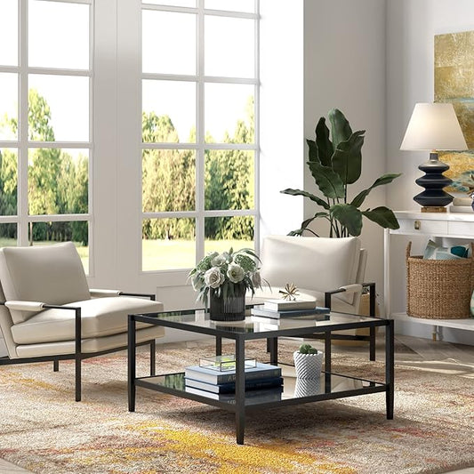 Henn&Hart 32" Wide Square Coffee Table with Mirror Shelf in Blackened Bronze, Modern coffee tables for living room, studio apartment essentials