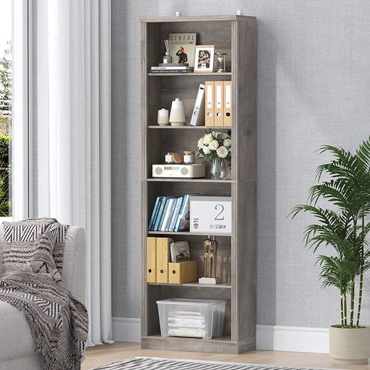 75" Tall Bookshelf & Bookcase, 6-Tier Adjustable Storage Shelves, Book Shelf with Anti-Tipping Device, Floor Standing Modern Display Rack for Living Room, Bedroom, Office, Grey
