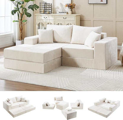 79" Boneless Loveseat Sofa Couch, Modular Foldable Floor Cloud Sofa with Ottoman, Lounge Convertible Sofa Bed for Living Room, No Assembly, Chenille Beige