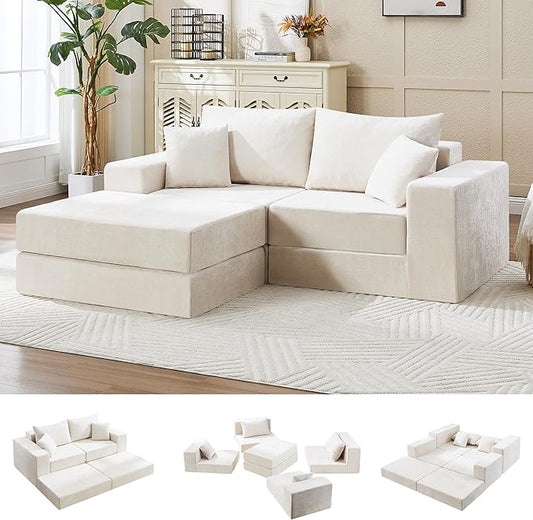 79" Boneless Loveseat Sofa Couch, Modular Foldable Floor Cloud Sofa with Ottoman, Lounge Convertible Sofa Bed for Living Room, No Assembly, Chenille Beige