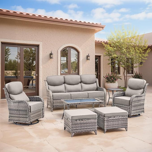 Swivel Patio Chairs sofa Set of 7 with 6" Thick Cushion - Wicker Outdoor Swivel Rocker Patio Chair ,Sofa/Glass coffee table, High Back Comfortable Outdoor Glider Chairs - Gery Wicker | Gery Cushions