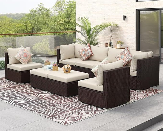NICESOUL 8 Seat 29.3'' High Back Outdoor Furniture Set, Extra Large Rattan Patio Conversation Sets, Deep Seating Modular Sectional with Ottoman, Oversized Conversations for Backyard, Brown and Beige