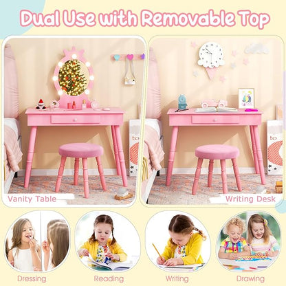 Costzon Kids Vanity, Girls Vanity Set with Mirror and Stool and Lights, Drawer, 2 in 1 Wooden Makeup Vanity Desk Dressing Table, Kids Vanity Table and Chair Set (Pink)