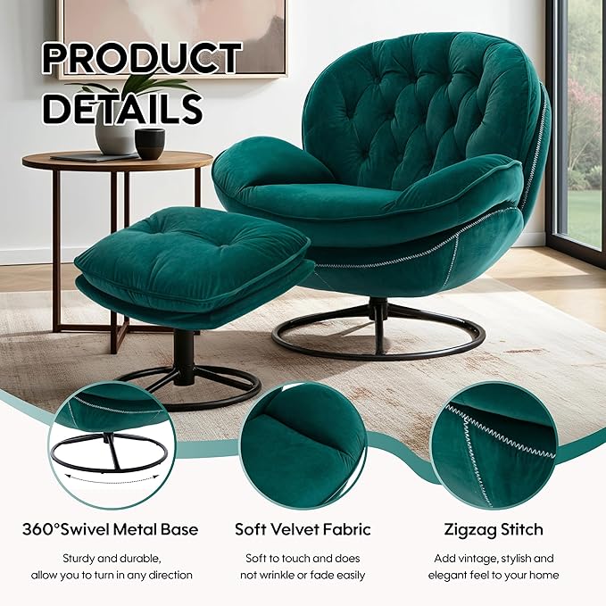 Set of 2 360° Swivel Modern Velvet Accent Chair with Ottoman | Mid-Century Button Tufted Lounge Chair for Living Room & Bedroom, Green