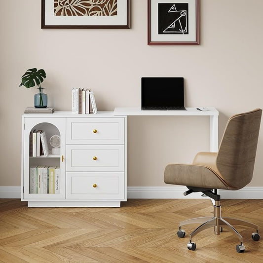 RoyalCraft L Shaped Home Office Desk, Extendable and Rotatable Desk with 3 Drawers and Door, Corner Computer Desk, Modern Study Writing Table for Bedroom, Home Office, White