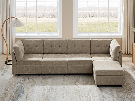 VANOMi 4 Seat Modular Cloud Sofa with Ottoman, 118" Modular Sectional Sofas & Couches for Living Room, Cozy Chenille Cloud Sectional Couch Sofas for Living Room, Apartment, Office, Camel, L Shaped