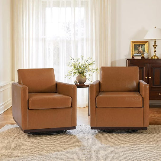 UIXE Faux Leather Swivel Accent Chairs Set of 2, Upholstered Armchair Comfy Club Chair for Living Room, Mid Century Modern Arm Chair Single Sofa Nook Bedroom Side Reading Seat - Light Brown