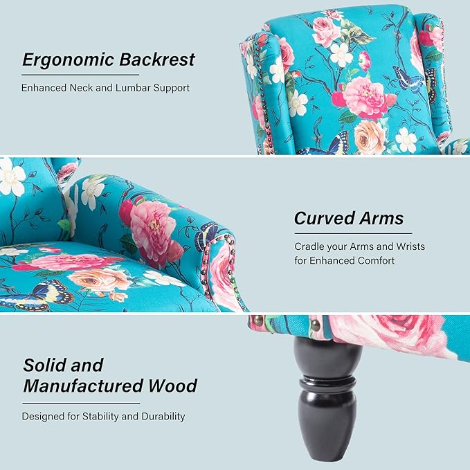 Recliner Chair, Upholstered Wingback Floral Pushback Armchair with Adjustable Backrest & Footrest, Comfy Accent Chair Reading Single Sofa for Small Spaces, Living Room, Bedroom (Peacock, Set of 1)