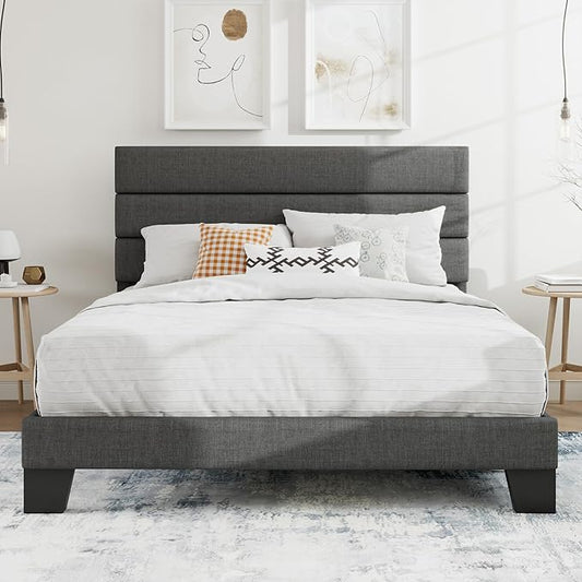 SHA CERLIN Queen Platform Bed Frame with Upholstered Fabric Headboard, Mattress Foundation with Strong Wooden Slats Support, No Box Spring Needed, Grey