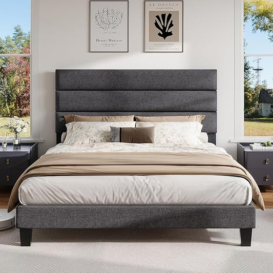 AMERLIFE Queen Size Bed Frame with Linen Upholstered Headboard, Modern Platform Bed with Wooden Slats Support, Noise-Free, No Box Spring Needed, Easy Assembly, Grey