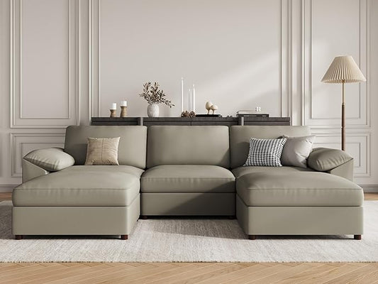 EASE MOOSE Oversized Modular Sofa with Deep Seat,Extra Large Sectional U Shaped Couch for Living Room,Comfy Scratch Resistant Faux Leather Material,Modern Sofas with Ottoman,Light Grey