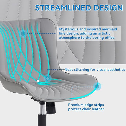 YOUNIKE Office Chair, Armless Desk Chair with Wheels, Adjustable Swivel Rolling Home Office Computer Task Chairs, Modern Faux Leather Upholstered Vanity Chair, Grey